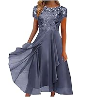 Trendy Plus Size Short Sleeve Summer Dress Casual Formal Smocked Flowy Dress Elegant Lace Chiffon Midi Dress
