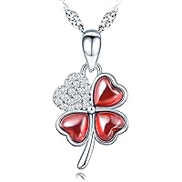 MICMIF 925 Sterling Silver Clover Necklace Four-leaf Clover Pendant Necklace with Red Garnet Necklaces Jewellery Gifts for Women Girls