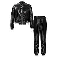 Kids Jazz Hip Hop Dance Costumes Boys Girls Shiny Metallic Long Sleeves Jacket and Sweatpants Performance Dancewear Black 6 Years
