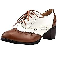 LUXMAX Womens Plaid Lace Up Wingtip Oxfords Brogues Shoes Stacked Block Heel Pumps