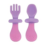Nuby First Fork and Spoon Set - Utensils with Safety Guards for Babies 6+ Months - Purple and Pink