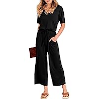 ANRABESS Women Summer Casual Short Sleeve V Neck Elastic Waist Wide Leg Cropped Pants Jumpsuits Rompers with Pockets