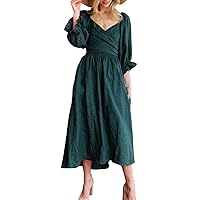 Summer Dress for Women 2024 V Neck Puff Sleeve Dress Ruffle Flowy Dresses Wrap Reversible Holiday Casual Midi Dress
