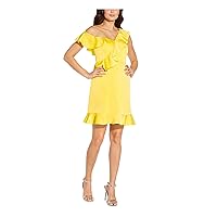 Womens Yellow Ruffled Zippered Lined Flutter Sleeve Asymmetrical Neckline Above The Knee Party A-Line Dress 14