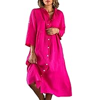 Womens Cotton Linen Summer Dress Casual 3/4 Sleeve Babydoll Dress V Neck Button Down Knee Length Shirt Dress Pockets