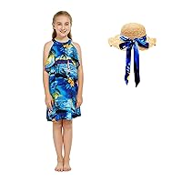 Girl Hawaiian Round Neck with Ruffle Dress in Blue Leaf