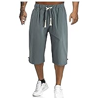 Men's Baggy Capris Long Shorts Below Knee, Loose Fit Elastic Waist Summer Shorts Drawstring Beach Short Swim Trunks