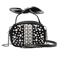 Women Handbag, Cross Stitch Pearl Chain Small Round Bag High Grade Small Fresh Shoulder Portable Handbag Small Bag 2019 New Fashion (Color: Black)