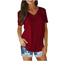 Summer Plus Size Tops for Women V Neck Blouse Tees Fashion Solid Short Sleeve Loose Tshirt Dressy Casual Oversized Shirt