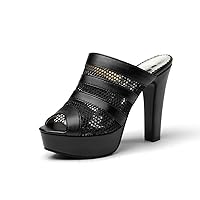 Womens Chunky High Heel Peep Toe Mules with Platform Mesh Upper Slide Pumps Casual Cool Dress Clog Shoes