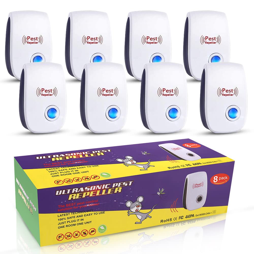 8 Packs Ultrasonic Mouse Pest Repeller,Rodent Repellent Electronic Mouse Deterrent Rat Control with Ultrasound Waves and LED Strobe Lights for Basement Warehouses RV Garage Indoor