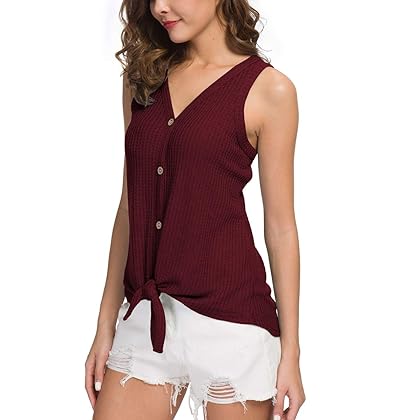 IWOLLENCE Womens Loose Henley Blouse Sleeveless Button Down T Shirts Tie Front Knot Tops