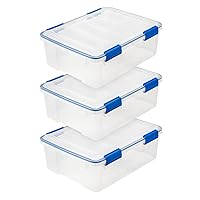 IRIS USA WEATHERPRO 27 Quart Stackable Storage Box with Airtight Gasket Seal Lid, Heavy Duty Containers with Tight Latches, Weather proof Bins for Closet Basement Attic, 3 Pack - Clear/Blue