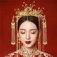 Chinese Wedding Bride Hair Accessory Chinese Crown Wedding Hair Accessories Golden Flower Floral Beaded Flapper Headband Jeweled Bridal Wedding Tiara