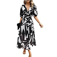 Women's 2023 Elegant Short Sleeve V Neck Boho Long Dress Elastic Waist Elegant Summer Midi Dress