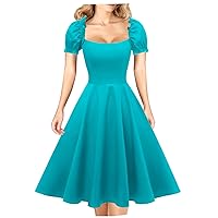 Hanpceirs Women's Puff Short Sleeve 1950s Party Dresses Square Neck Aline Dress with Pockets