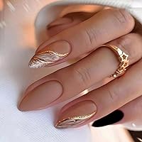Brown Press on Nails Almond Shaped Fake Nails Medium Glossy Stick on Nails Natural Color Full Cover False Nails Artificial Acrylic Glue on Nails for Women Reusabl Almond Nails Set 24Pcs
