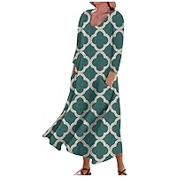 Dresses for Women 2024 Printed 3/4 Sleeve Beach Dress with Pocket Flowy Trendy Sun Dress Vacation Lightweight Dress