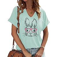 Easter V Neck Shirts for Women Happy Easter Bunny with Glasses Blouse Casual Graphic Spring Colorful Tops Tee