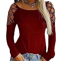 Andongnywell Women's Sexy Hollow-Out Studded Fashion Crew Neck Long Sleeve T Shirts Casual Plus Size Blouses Tops