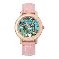 Coconut Trees Hawaiian Flowers Beach Women's Watches Classic Quartz Watch with Leather Strap Easy to Read Wrist Watch
