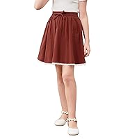 GORLYA Girls Casual Elastic High Waist A-Line Swing Linen Skirts with Scallop Trim Lace Hem for 4-14T