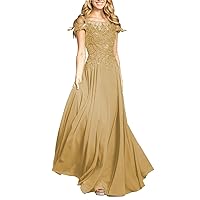 Long Lace Bridesmaid Dresses for Women Chiffon Lace Appliques Cap Sleeves A-Line Boat Neck Flowy Formal Gowns and Evening Dress Gold 16