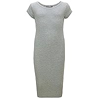 Bodycon Midi Dress Short Sleeve Long Length Plain Stretch Dresses - New Midi Dress Grey 5-6