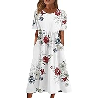 Summer Dresses for Women 2024 Trendy Crewneck/V Neck Maxi Dress Short Sleeve Dressy Casual Sundress with Pocket Today(3-Red,3X-Large)