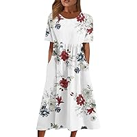 Women's Casual Dresses Printed Dresses Summer Dresses Printed Pleated Round Neck Midi Dresses Basic Classic