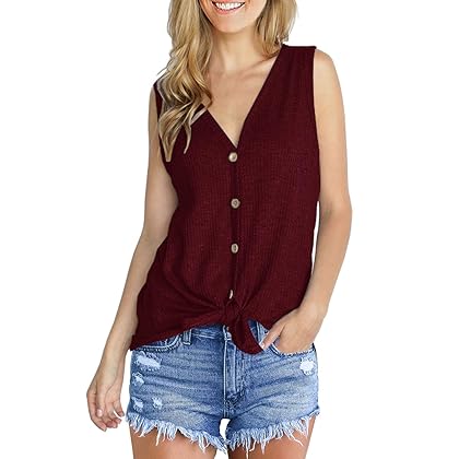 IWOLLENCE Womens Loose Henley Blouse Sleeveless Button Down T Shirts Tie Front Knot Tops