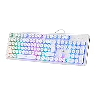 Gaming Keyboard Typewriter Style with Rainbow LED Backlit, Quiet Mechanical-Feel Floating Keys, Spill Resistant, USB Wired Retro Membrane Keyboard 104 Keys for PC Mac, White