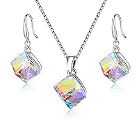 Girl's Square Cube Authentic Austrian Crystal Hook Earrings and Rainbow Necklace Sets for Women - 925 Sterling Silver Wedding Engagement Jewelry Sets Box Packing Y418