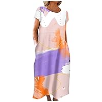 Women's Sun Dress for Beach Vacation Summer Maxi Dress Print Short Sleeve Boho Dress with Pockets Casual, S-5XL