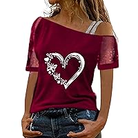 Graphic Tees for Women Vintage Women Printed Off Shoulder Tops Sexy Glitter Short Sleeve Shirt Blouse Tops Loo