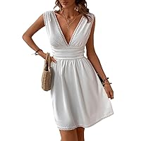 Women's Dress White Dress Women Guipure Lace Trim Plunging Neck Dress White Dress Women (Color : White, Size : Medium)