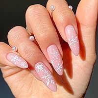 Christmas Press on Nails Medium Almond Shape Fake Nails with White Snowflakes Design French Stick on Acrylic Nails Full Cover Nude False Nails Snowflake Glue on Nails Artificial Nails for Women