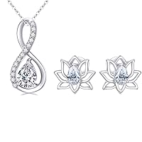 SISGEM 14k White Gold Infinity Pendant Necklace and Flower Earrings Set, Jewelry for Her