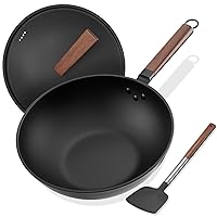 Carbon Steel Wok, 13-Inch, Pre-Seasoned, Non-Stick, with Lid and Spatula, Flat Bottom, Ideal for Stovetop Cooking