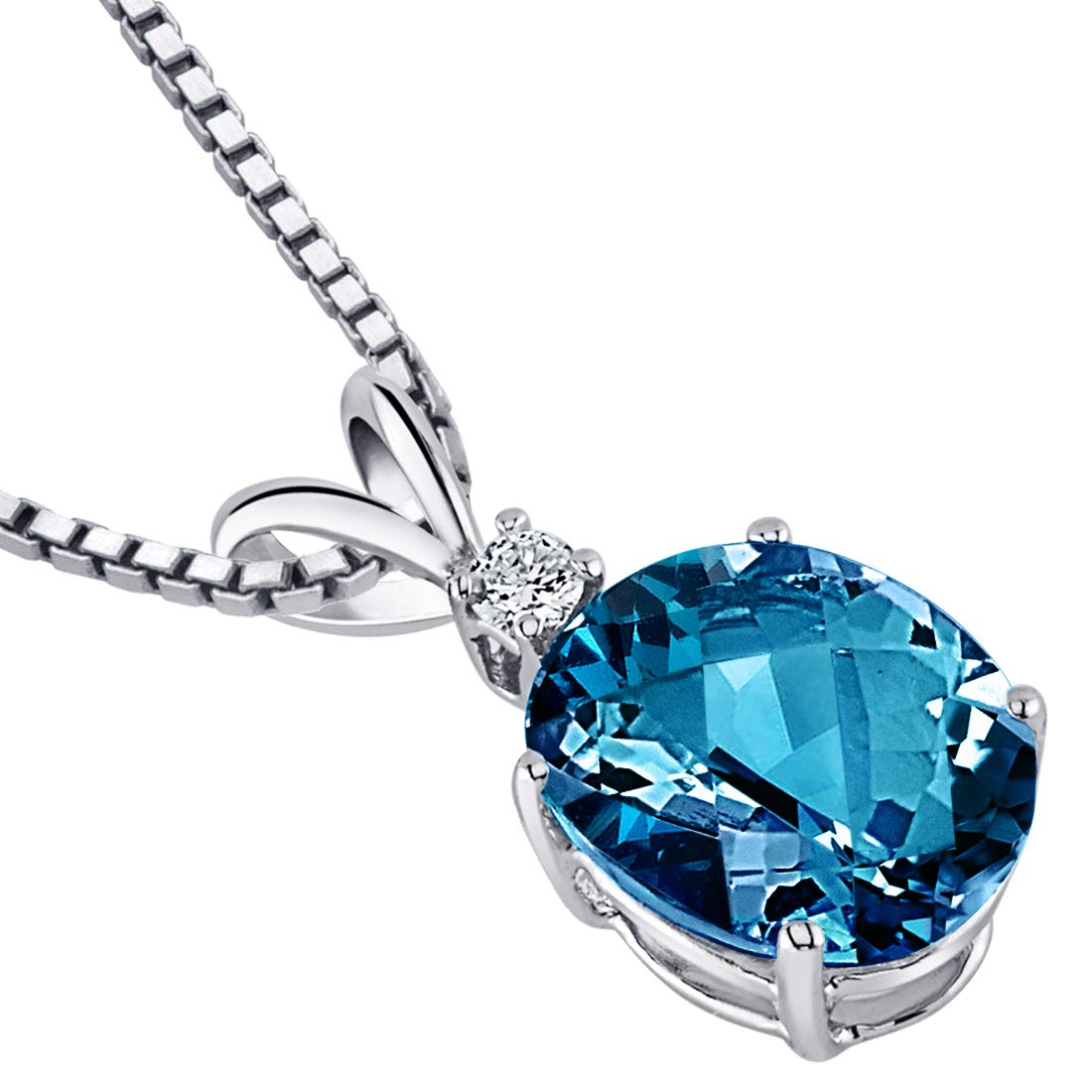 Peora London Blue Topaz with Diamond Solitaire Pendant for Women 14K White Gold, Genuine Gemstone Birthstone, 3 Carats Oval Shape 10x8mm