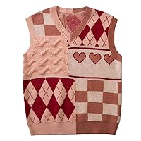 Patchwork Knitted Sleeveless Sweater Vest, Letter Heart Pattern, Loose College Style