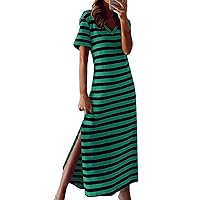 Summer Dresses for Women 2024 Fashion Short Sleeve Split Maxi Dress T Shirt V Neck Dress Striped Long Color Block Maxi Dress