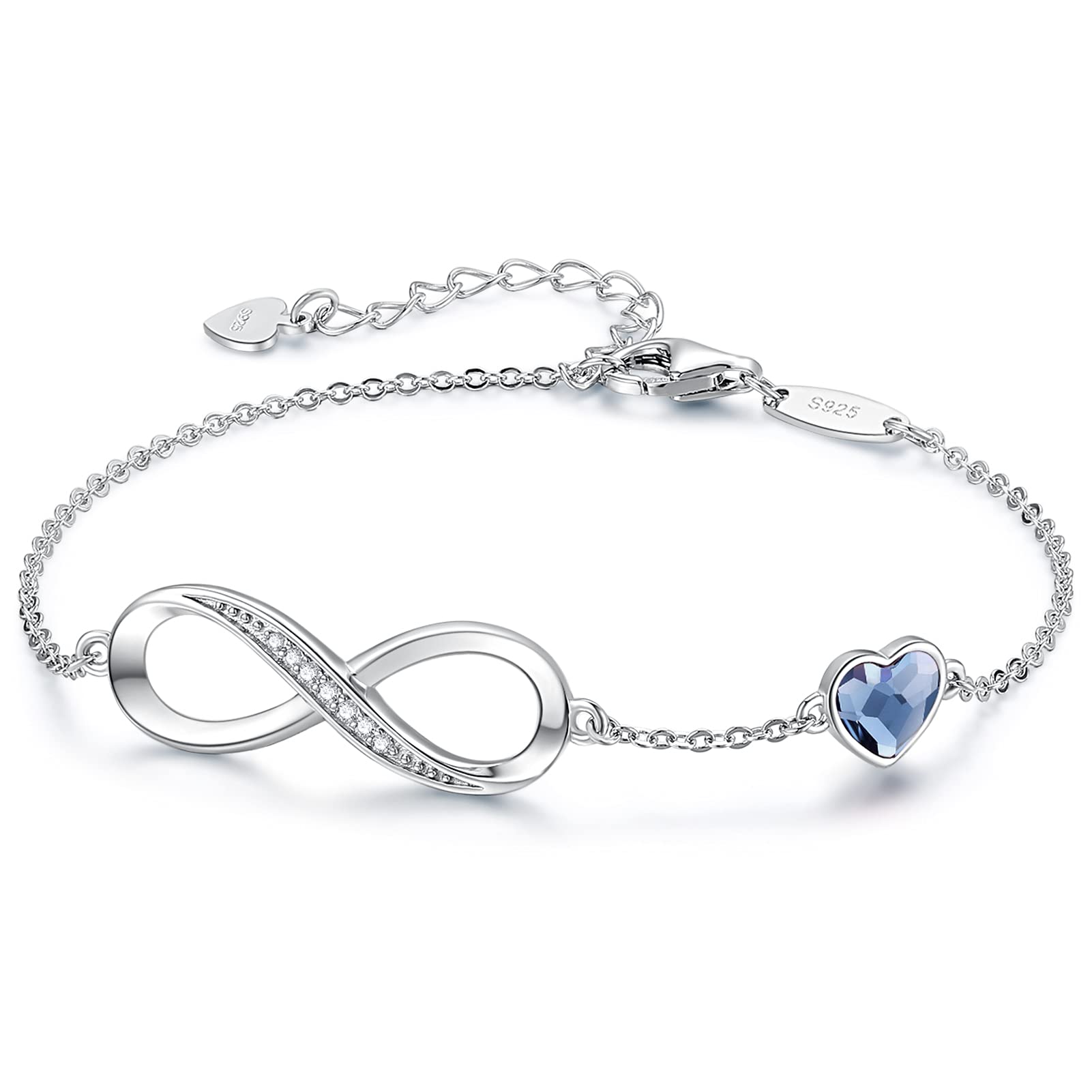 CDE Infinity Heart Symbol Charm Link Bracelet for Women 925 Sterling Silver Stainless Steel Adjustable Anniversary Jewelry Birthday Gifts for Women Wife Girlfriend Her