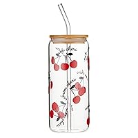 Creative Brands Bella Mon Cheri Red Cherry Pattern 20 ounce Glass Bamboo Drinking Smoothing Travel Tumbler with Straw
