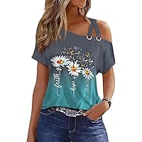 Womens 2024 Summer Trendy Cold Shoulder Short Sleeve T Shirts Criss Cross Casual Loose Tunic Tops Blouse Shirts