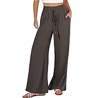Wide Leg Linen Pants for Women High Waisted Palazzo Pants Drawstring Casual Pants with Pockets Summer Beach Pants Trousers