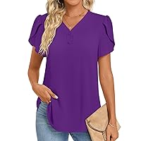 HOTGIFT Womens 2024 Summer Tunic Tops Casual Short Sleeve V Neck Blouse Buttons Chiffon Tshirts for Leggings Soft Comfy