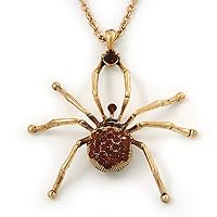 Shimmering Amber Coloured Crystal Spider Pendant Necklace In Antique Gold Tone Metal - 60cm Length