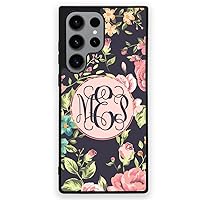 Monogram Floral Roses Case for Samsung Galaxy S23 Plus Ultra, Personalized Phone Case, Gift for Her Birthday Mom Girls, Black Rubber, Slim Fit