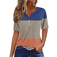 Women's Henley Shirts Trendy Color Block Short Sleeve T Shirts Casual V Neck Button Up Tops Summer Loose Fit Tees